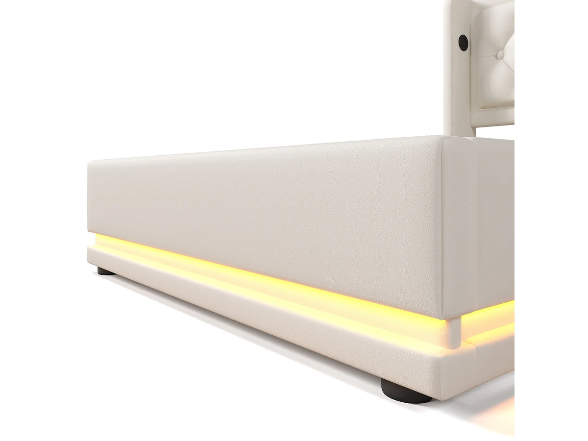 Lit Coffre 90x200 Simili Cuir Blanc Capitonné avec LED et Port USB — vue 9