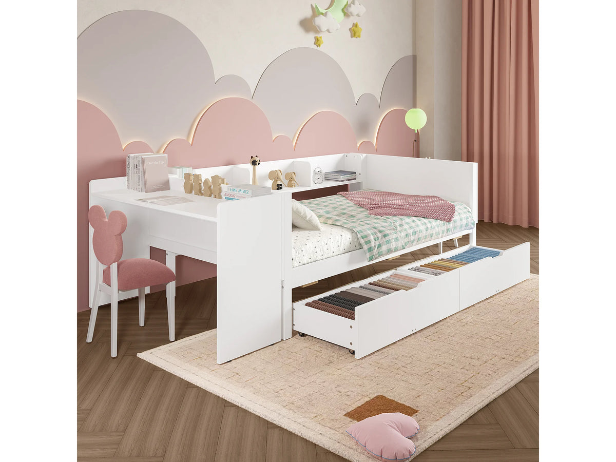 Lit Coffre 90x200 Bois Blanc avec Tiroirs