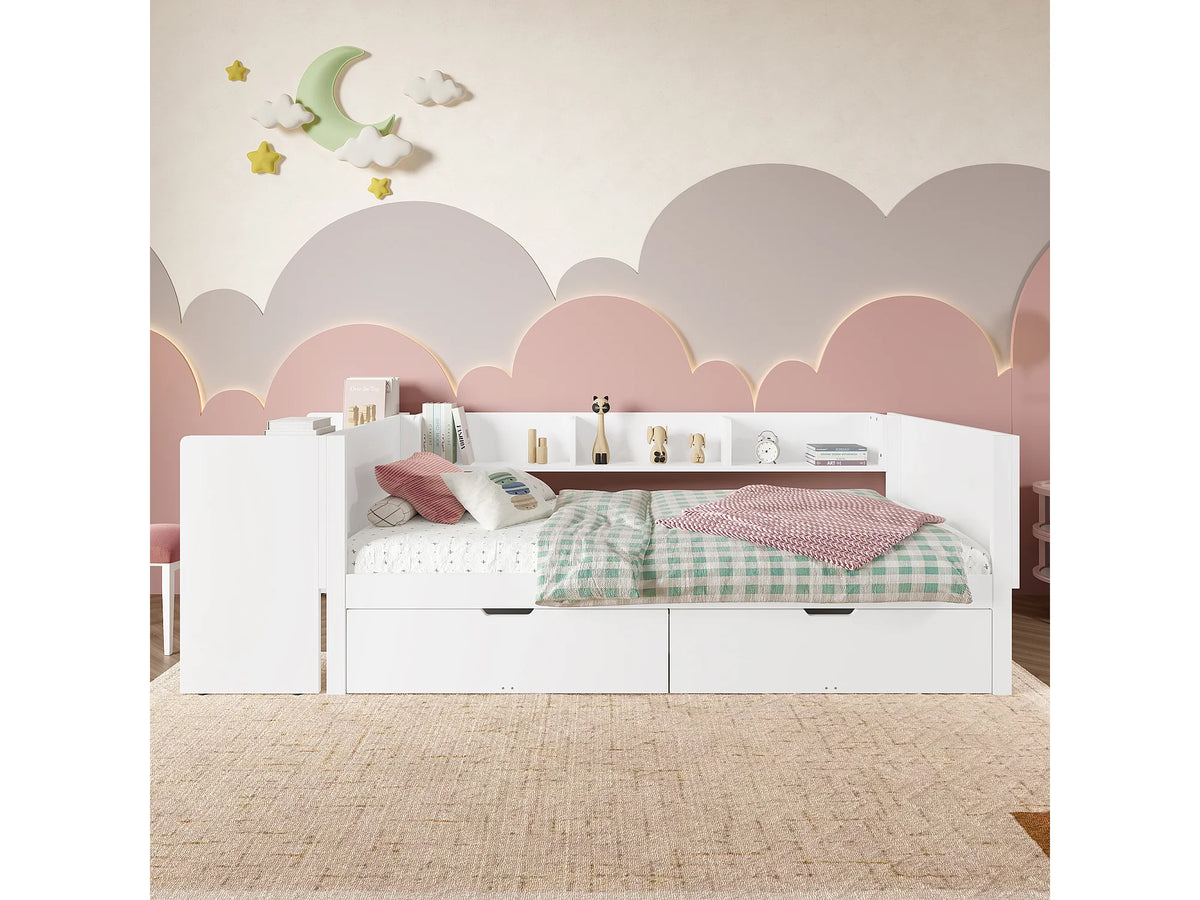 Lit Coffre 90x200 Bois Blanc avec Tiroirs — vue 2