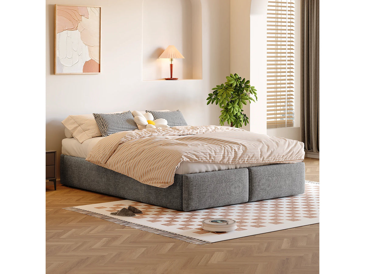 Lit Coffre 140x200 Tissu Lin Gris avec Tiroirs — vue 2