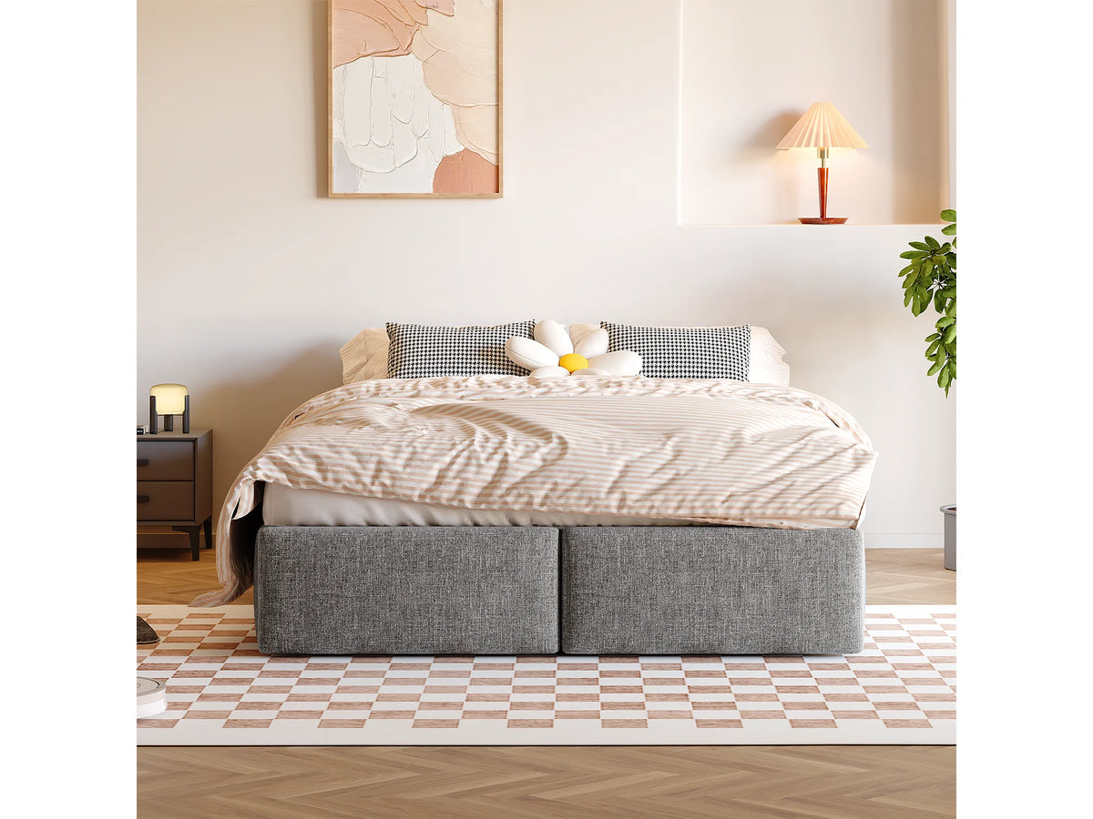 Lit Coffre 140x200 Tissu Lin Gris avec Tiroirs — vue 3