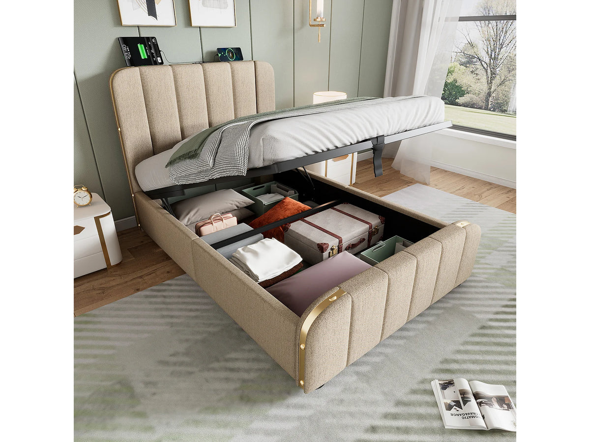 Lit Coffre 90x200 Tissu Lin Beige avec Port USB