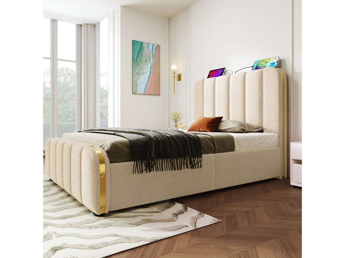 Lit Coffre 90x200 Tissu Lin Beige avec Port USB — vue 4