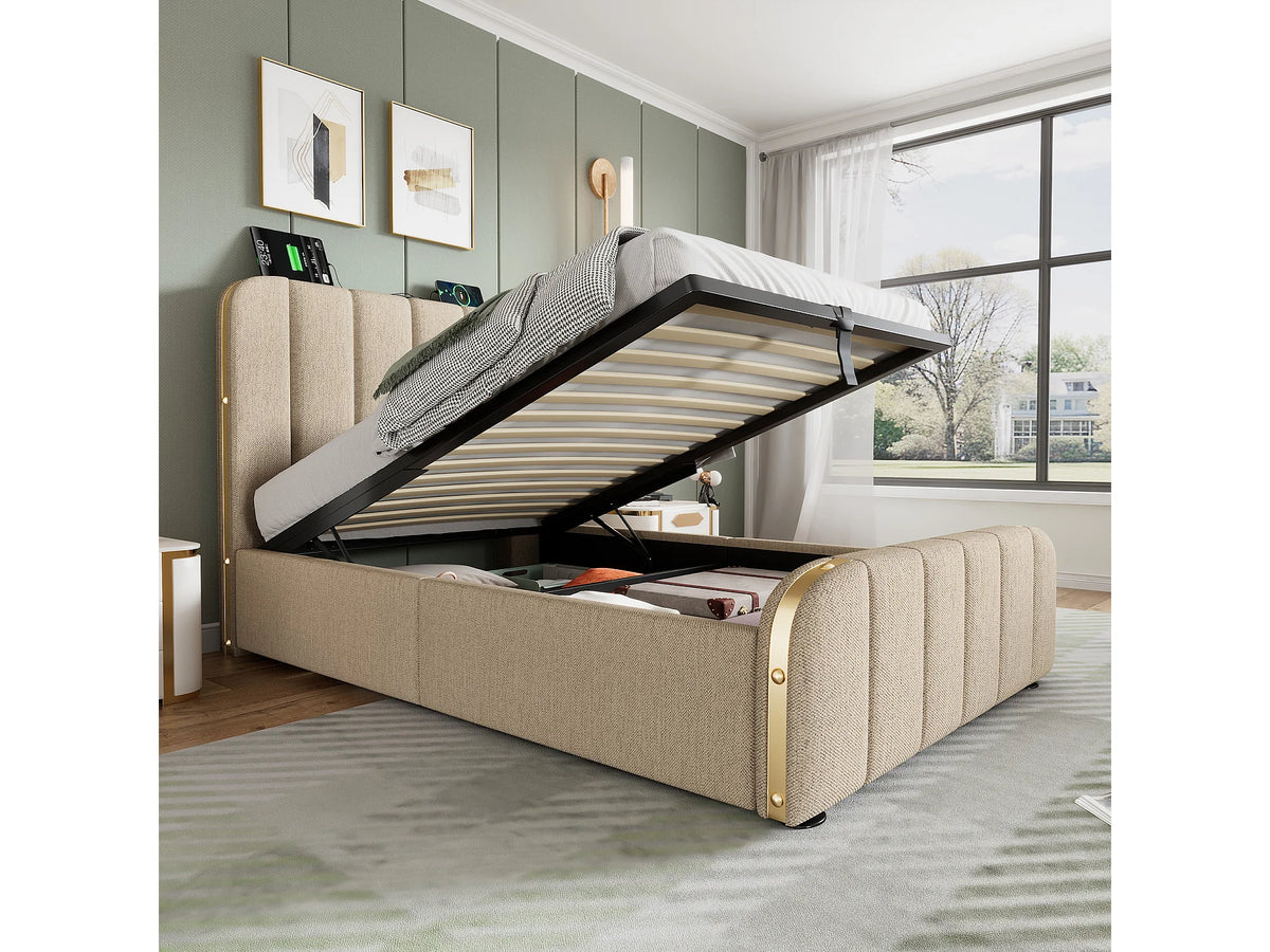Lit Coffre 90x200 Tissu Lin Beige avec Port USB — vue 5