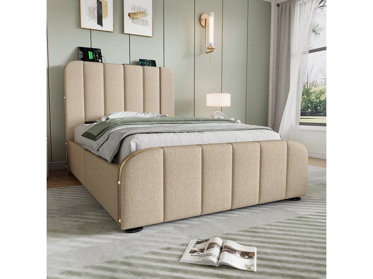 Lit Coffre 90x200 Tissu Lin Beige avec Port USB — vue 6