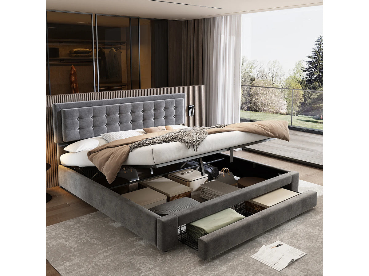 Lit Coffre 160x200 Velours Gris avec Tiroirs