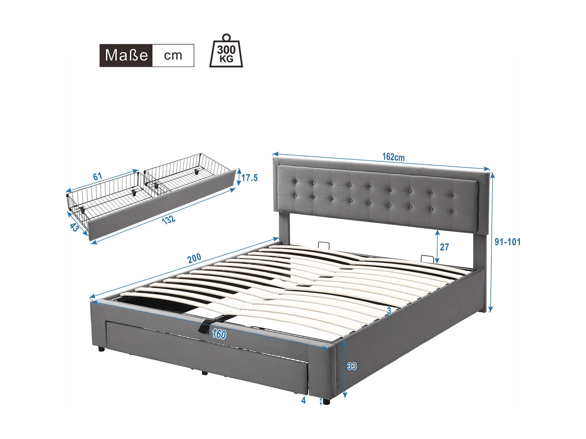 Lit Coffre 160x200 Velours Gris avec Tiroirs — vue 8