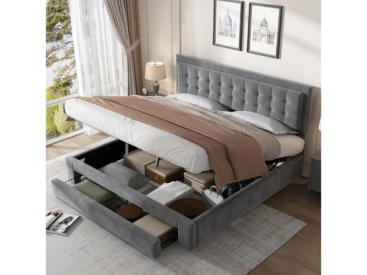 Lit Coffre 160x200 Velours Gris avec Tiroirs — vue 4