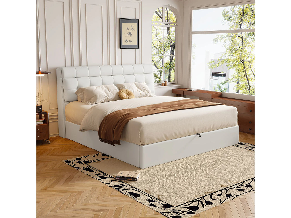 Lit Coffre 160x200 Simili Cuir Blanc Capitonné