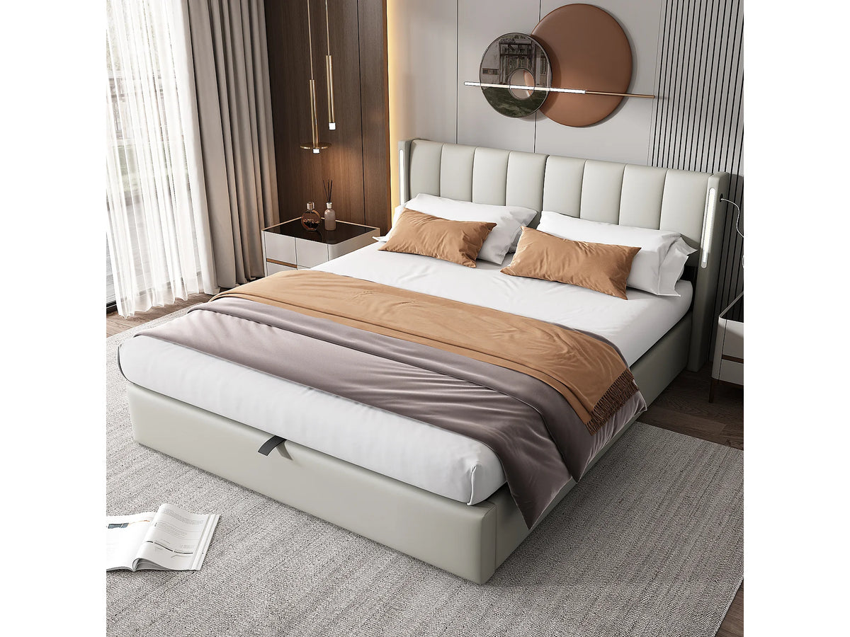 Lit Coffre 140x190 Simili Cuir Gris avec LED et Port USB — vue 2
