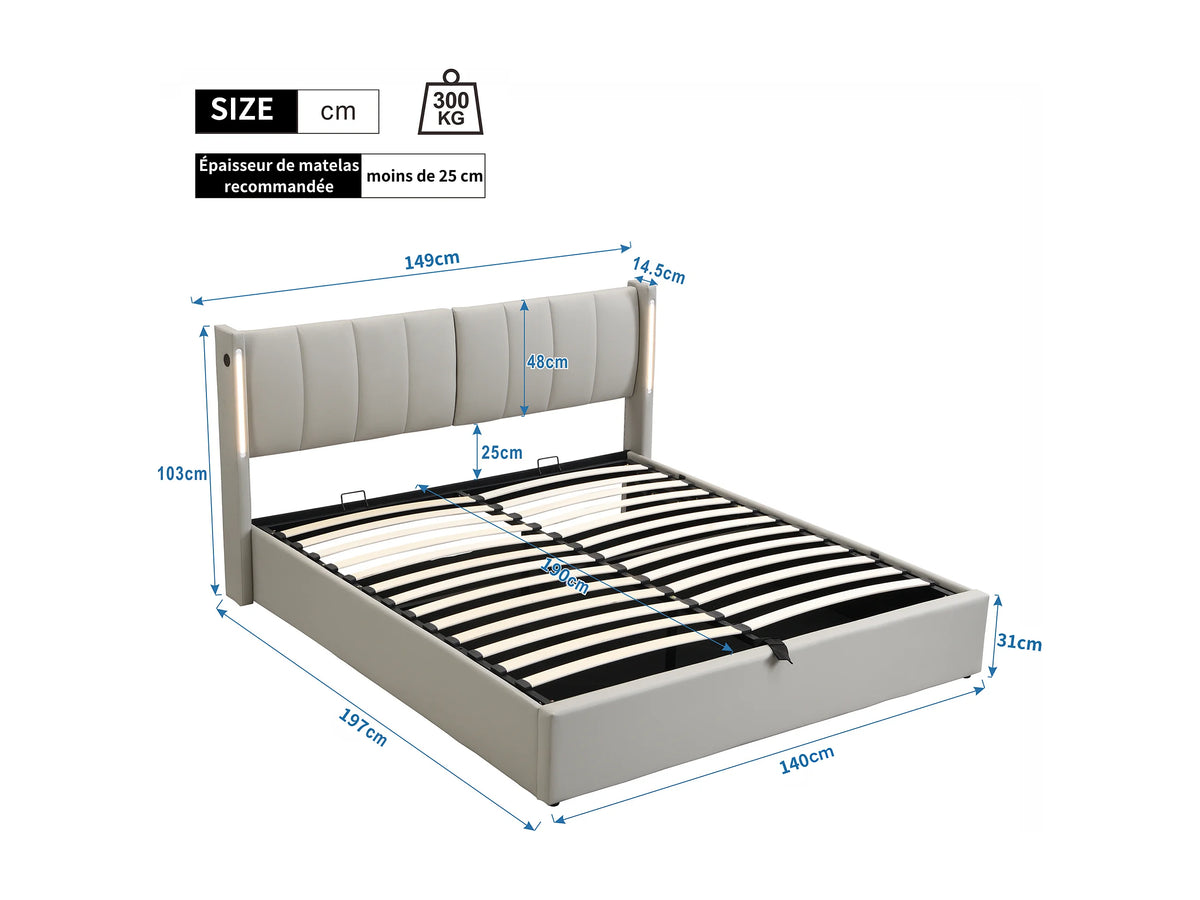 Lit Coffre 140x190 Simili Cuir Gris avec LED et Port USB — vue 9
