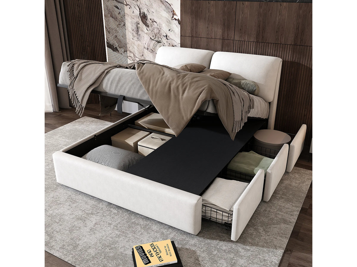 Lit Coffre 140x200 Velours Beige avec Tiroirs — vue 3