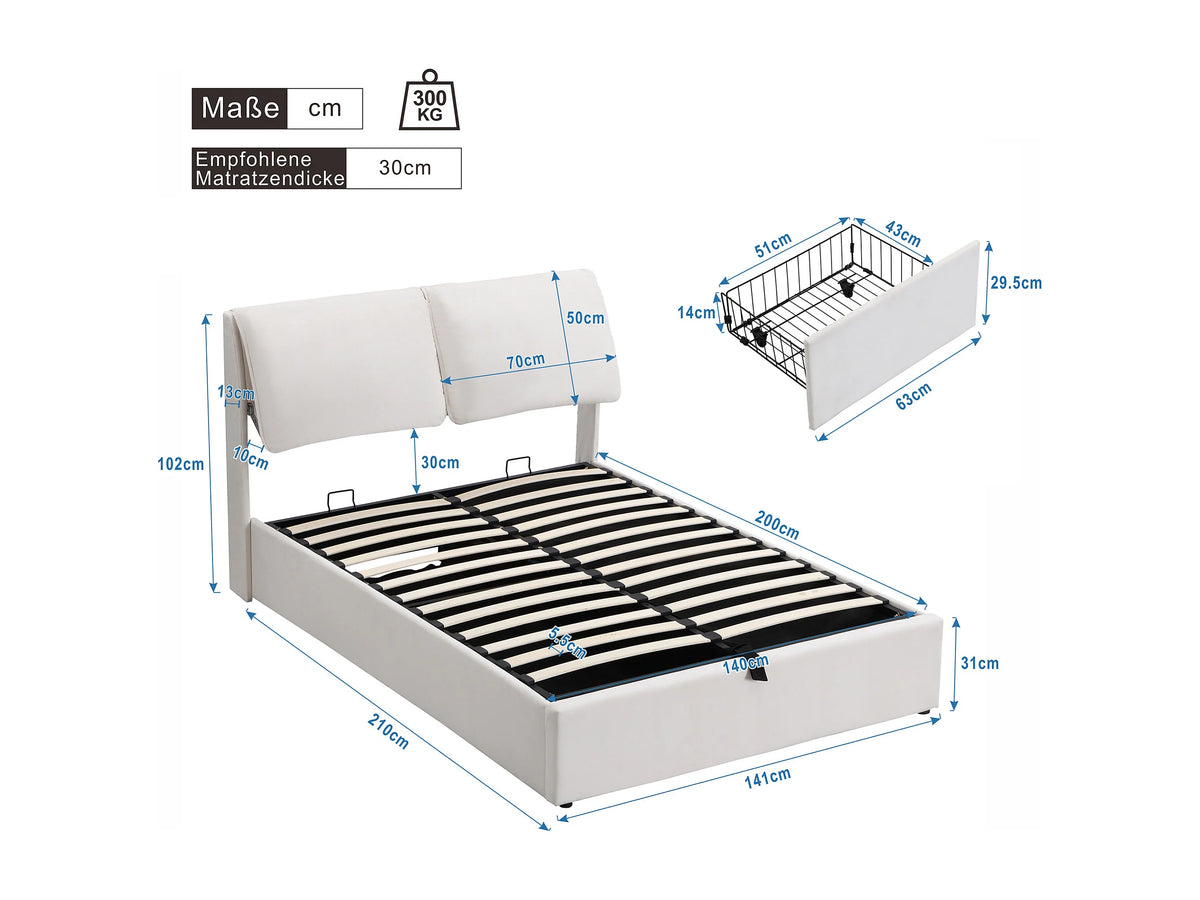 Lit Coffre 140x200 Velours Beige avec Tiroirs — vue 8