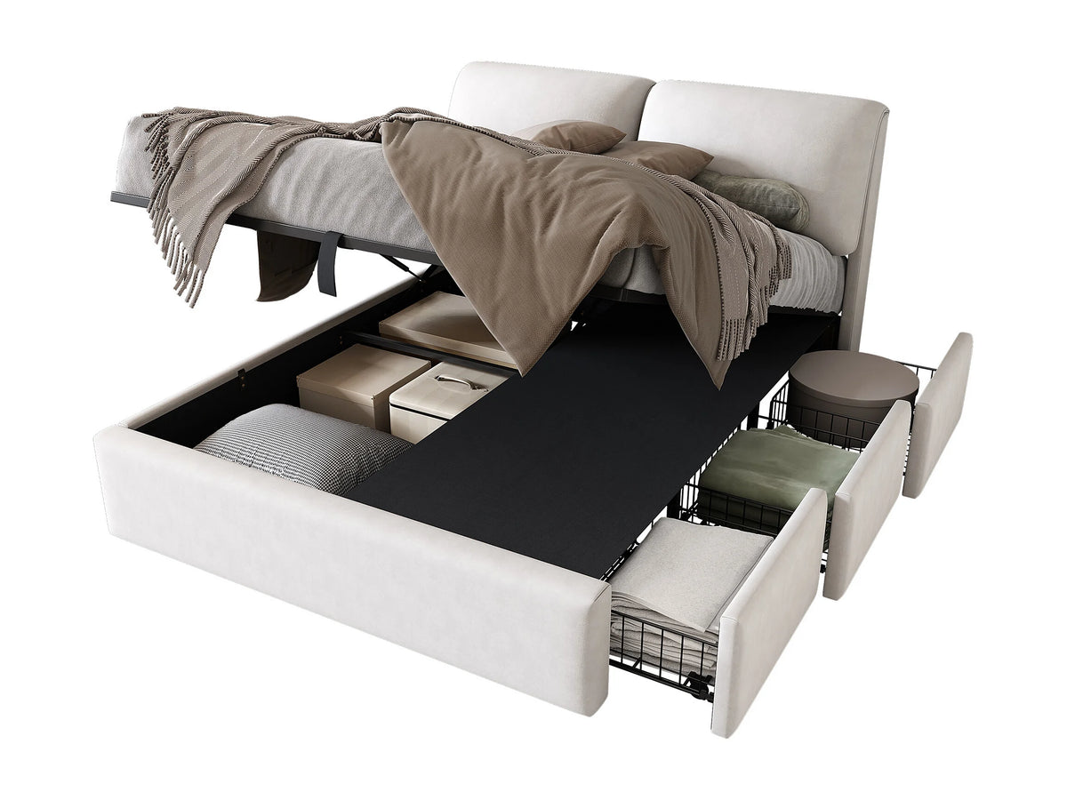 Lit Coffre 140x200 Velours Beige avec Tiroirs — vue 10