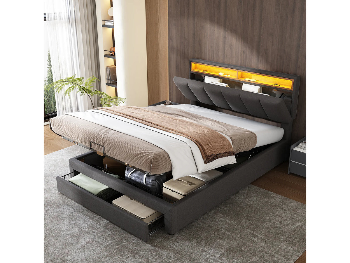 Lit Coffre 140x200 Tissu Lin Gris avec LED