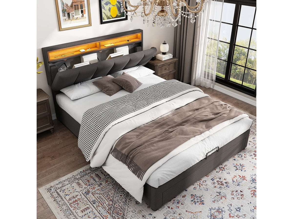 Lit Coffre 140x200 Tissu Lin Gris avec LED — vue 2