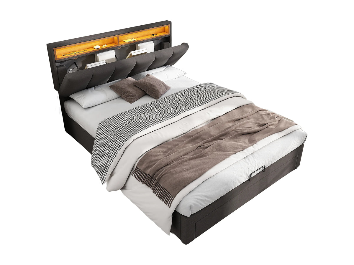 Lit Coffre 140x200 Tissu Lin Gris avec LED — vue 5