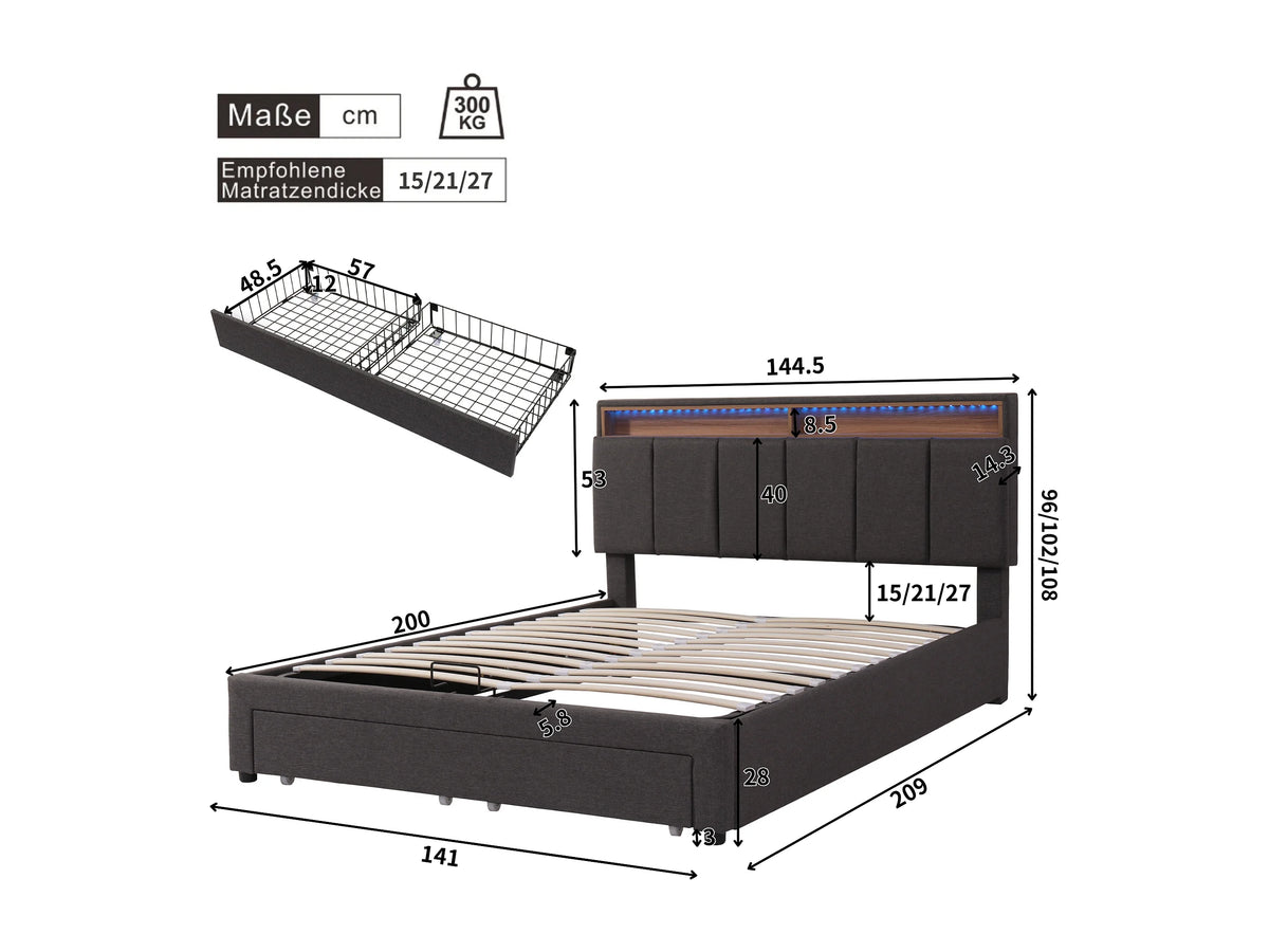 Lit Coffre 140x200 Tissu Lin Gris avec LED — vue 9