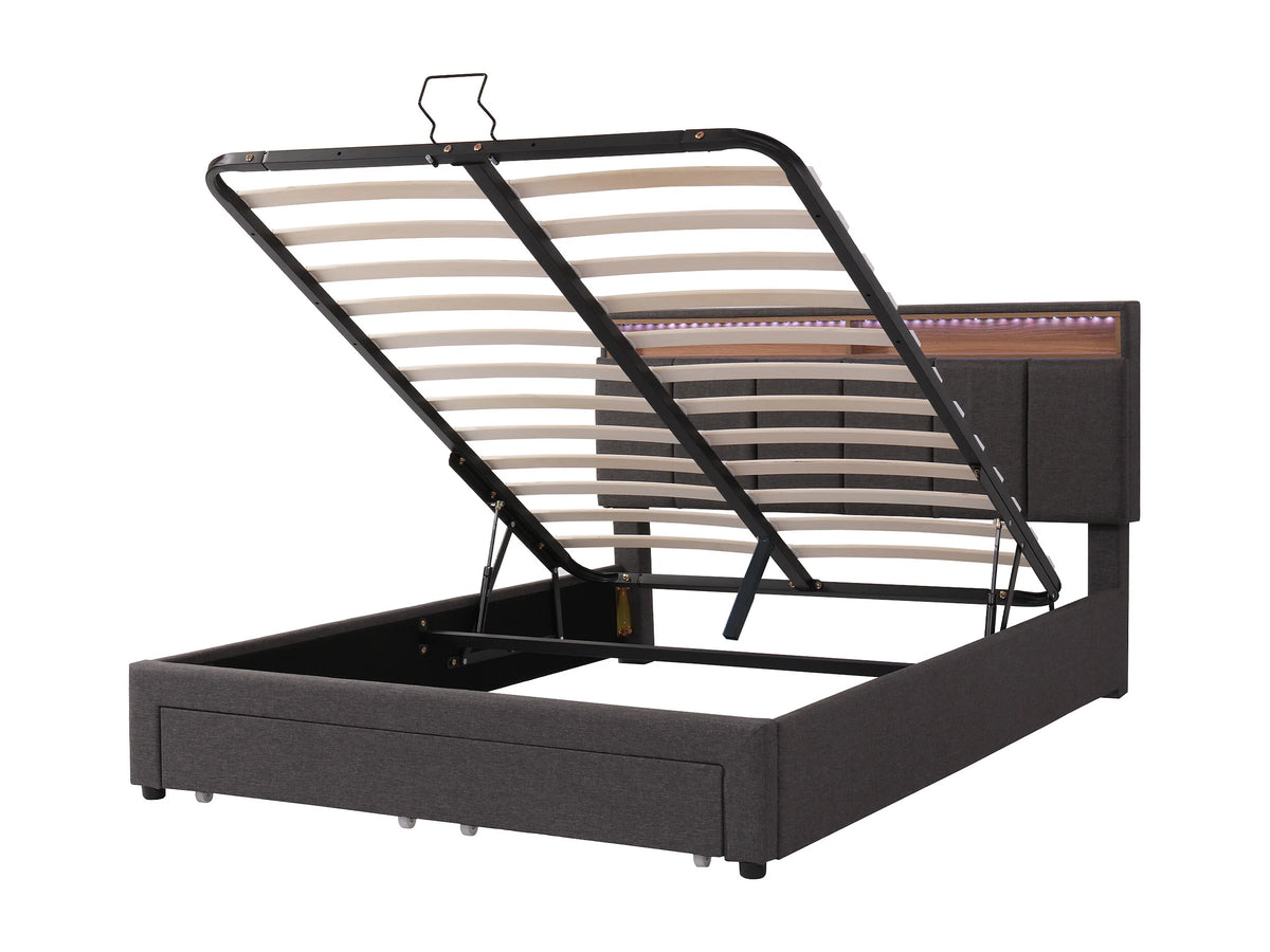 Lit Coffre 140x200 Tissu Lin Gris avec LED — vue 6