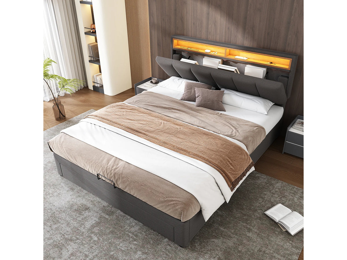 Lit Coffre 140x200 Tissu Lin Gris avec LED — vue 3