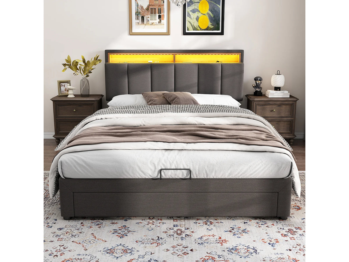 Lit Coffre 140x200 Tissu Lin Gris avec LED — vue 4