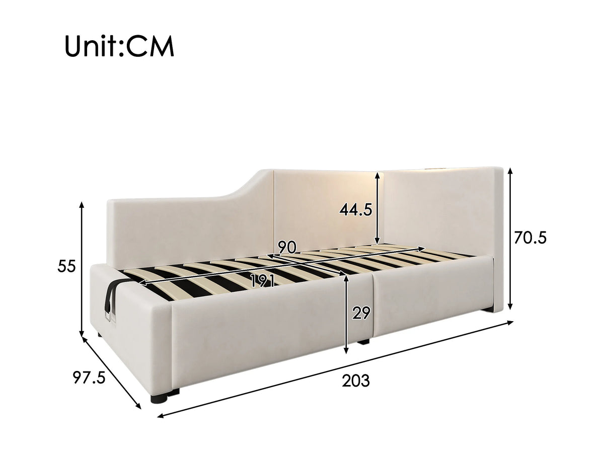 Lit Coffre 90x190 Velours Beige avec LED et Port USB — vue 10