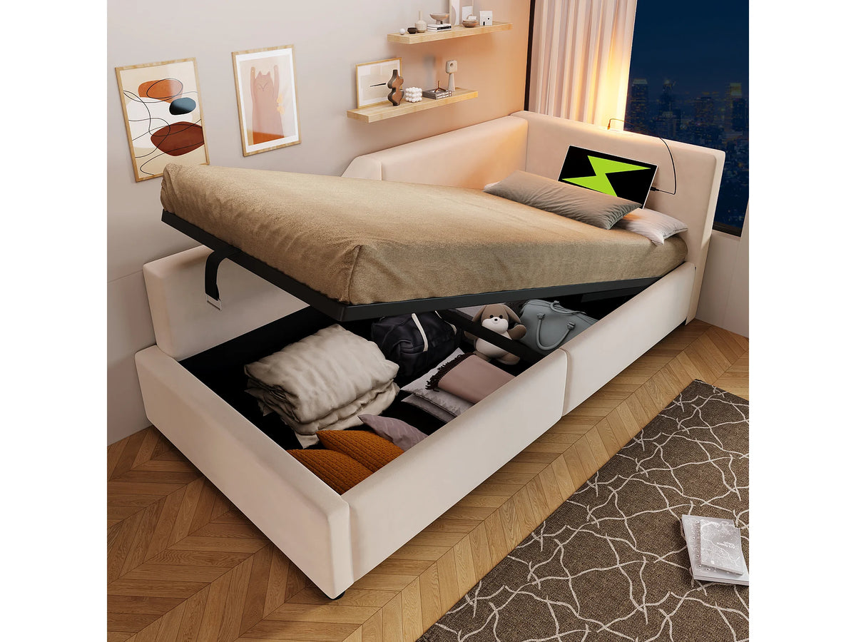Lit Coffre 90x190 Velours Beige avec LED et Port USB — vue 4