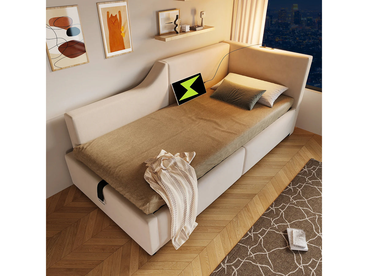 Lit Coffre 90x190 Velours Beige avec LED et Port USB — vue 5