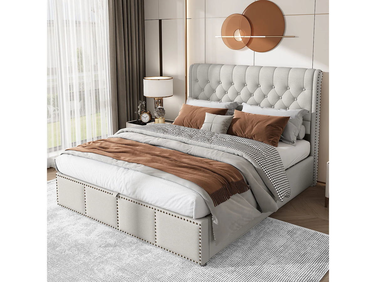 Lit Coffre 140x190 Tissu Lin Gris Capitonné — vue 2