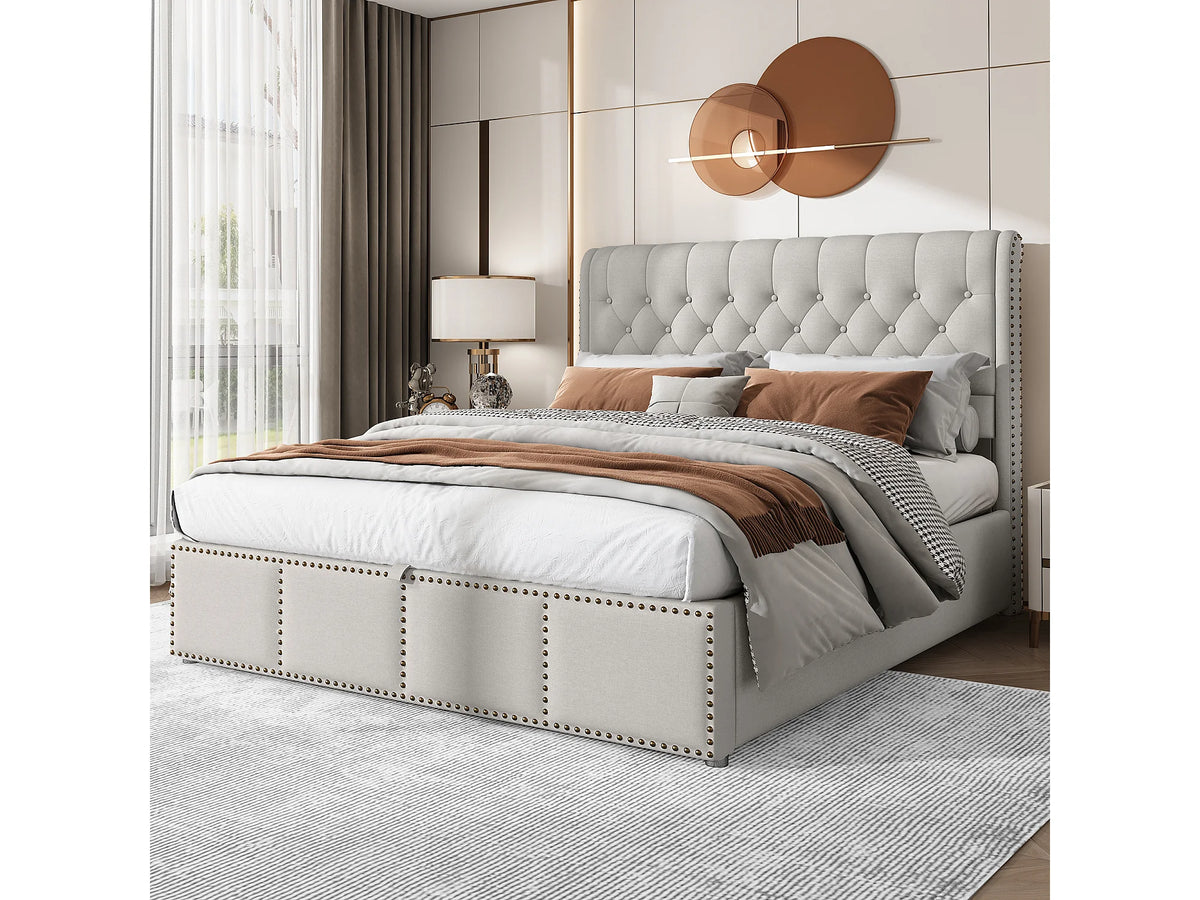 Lit Coffre 140x190 Tissu Lin Gris Capitonné — vue 3