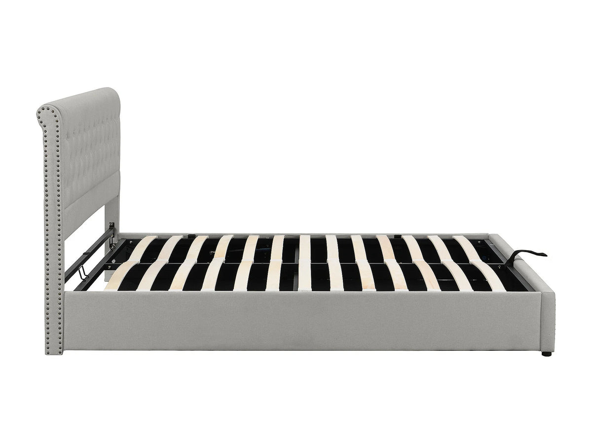 Lit Coffre 140x190 Tissu Lin Gris Capitonné — vue 4