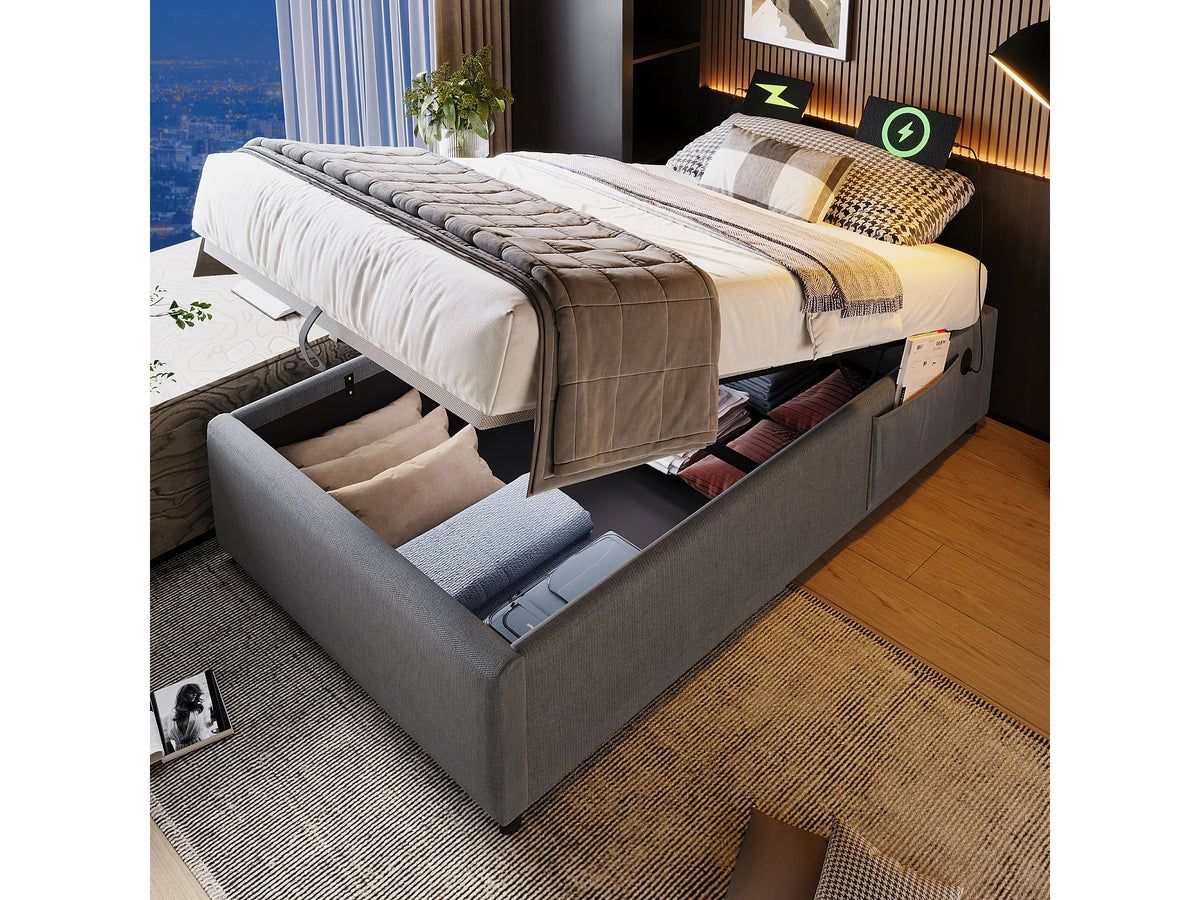 Lit Coffre 90x190 Tissu Lin Gris avec Port USB