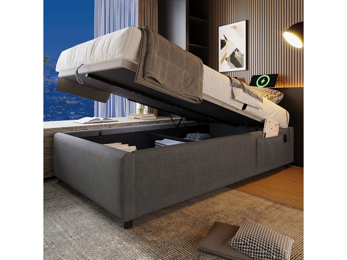 Lit Coffre 90x190 Tissu Lin Gris avec Port USB — vue 2