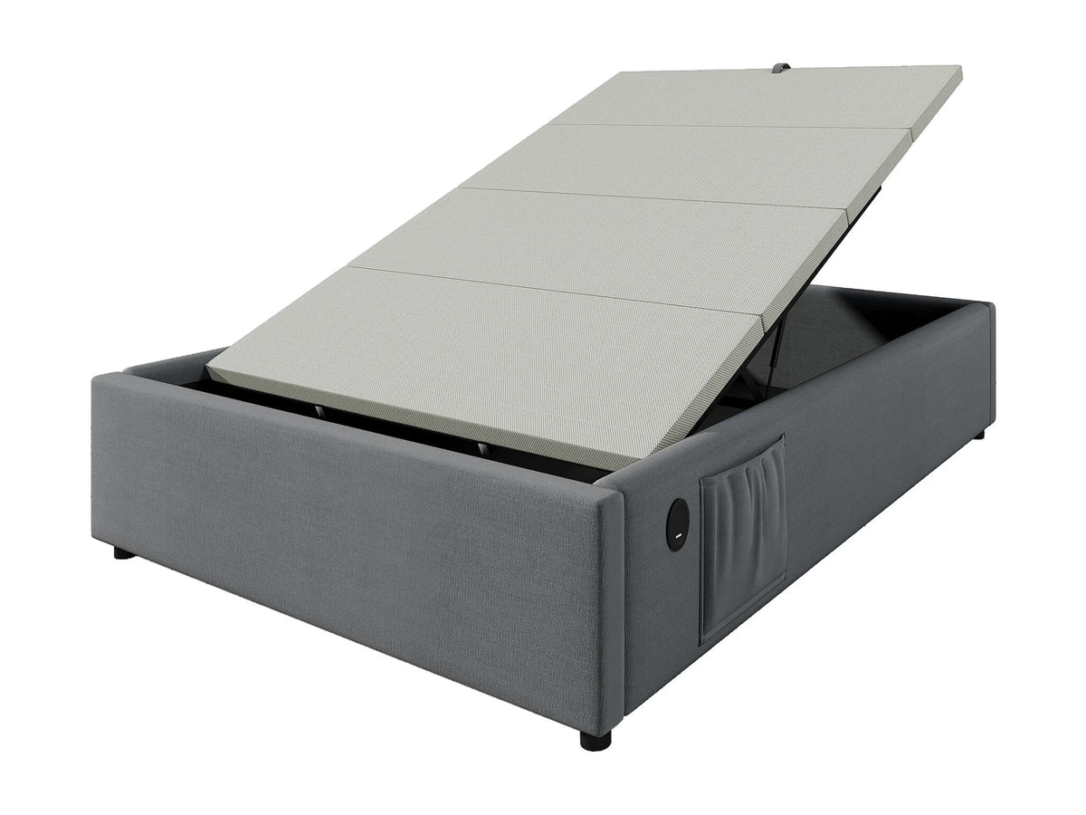Lit Coffre 90x190 Tissu Lin Gris avec Port USB — vue 9
