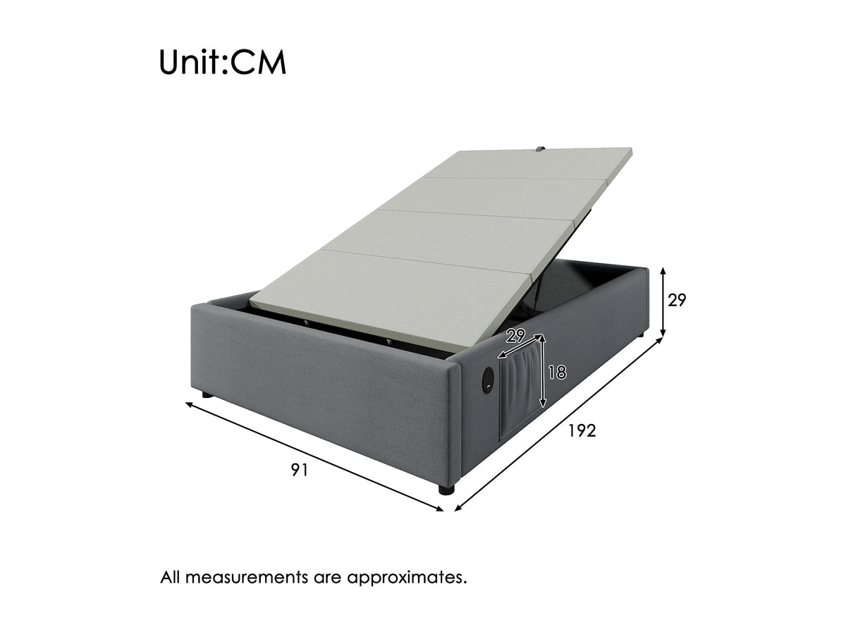 Lit Coffre 90x190 Tissu Lin Gris avec Port USB — vue 7