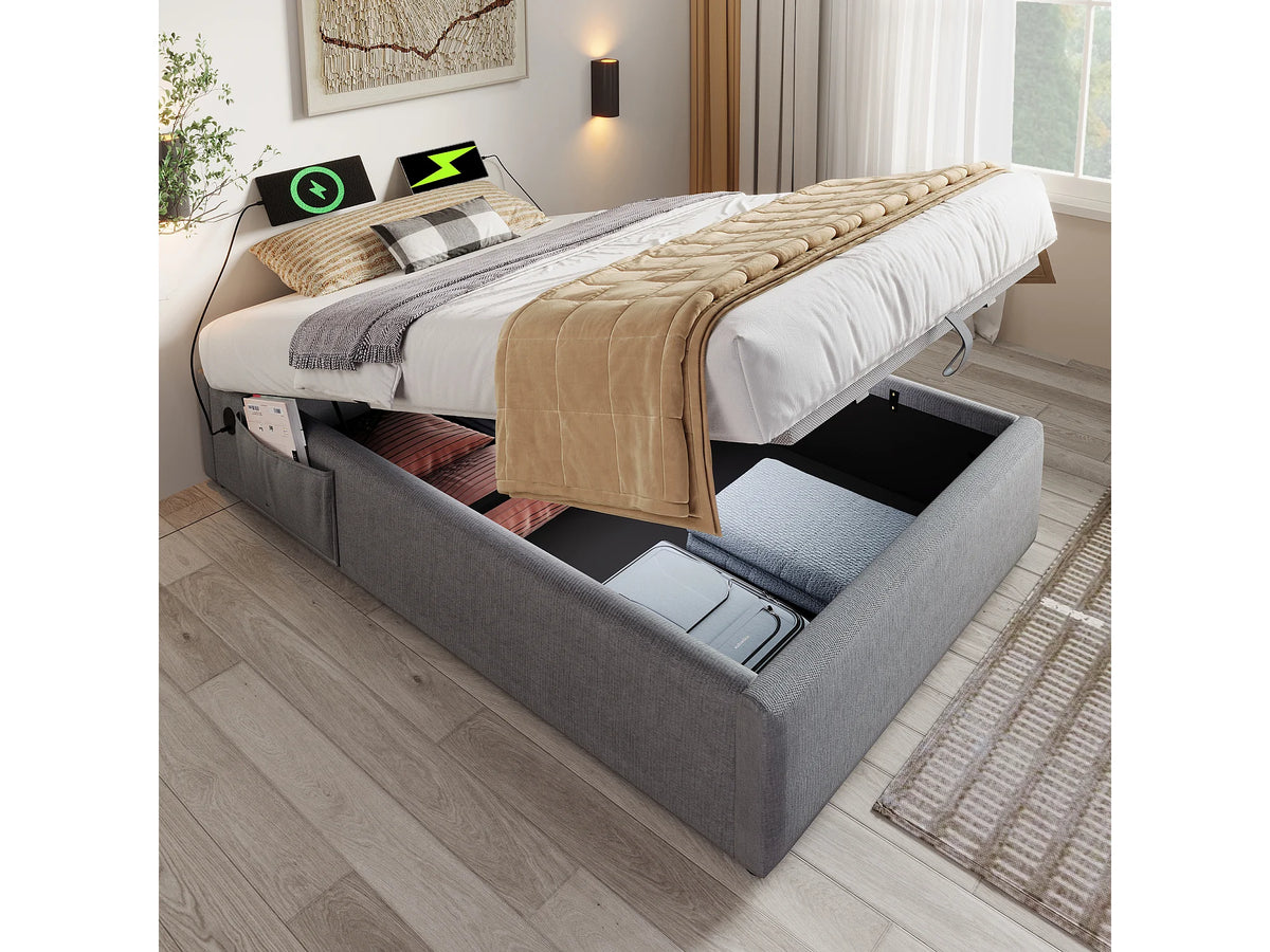 Lit Coffre 90x190 Tissu Lin Gris avec Port USB — vue 4
