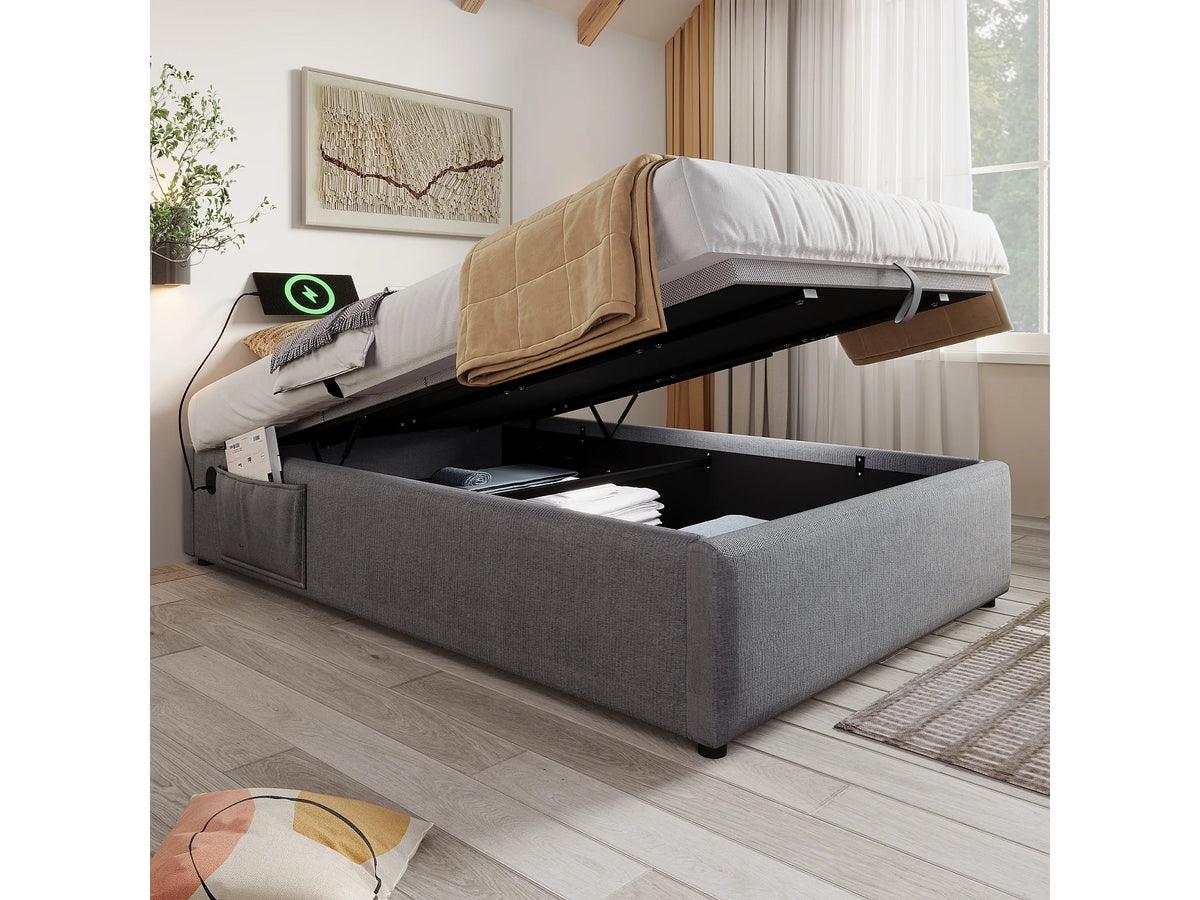 Lit Coffre 90x190 Tissu Lin Gris avec Port USB — vue 10
