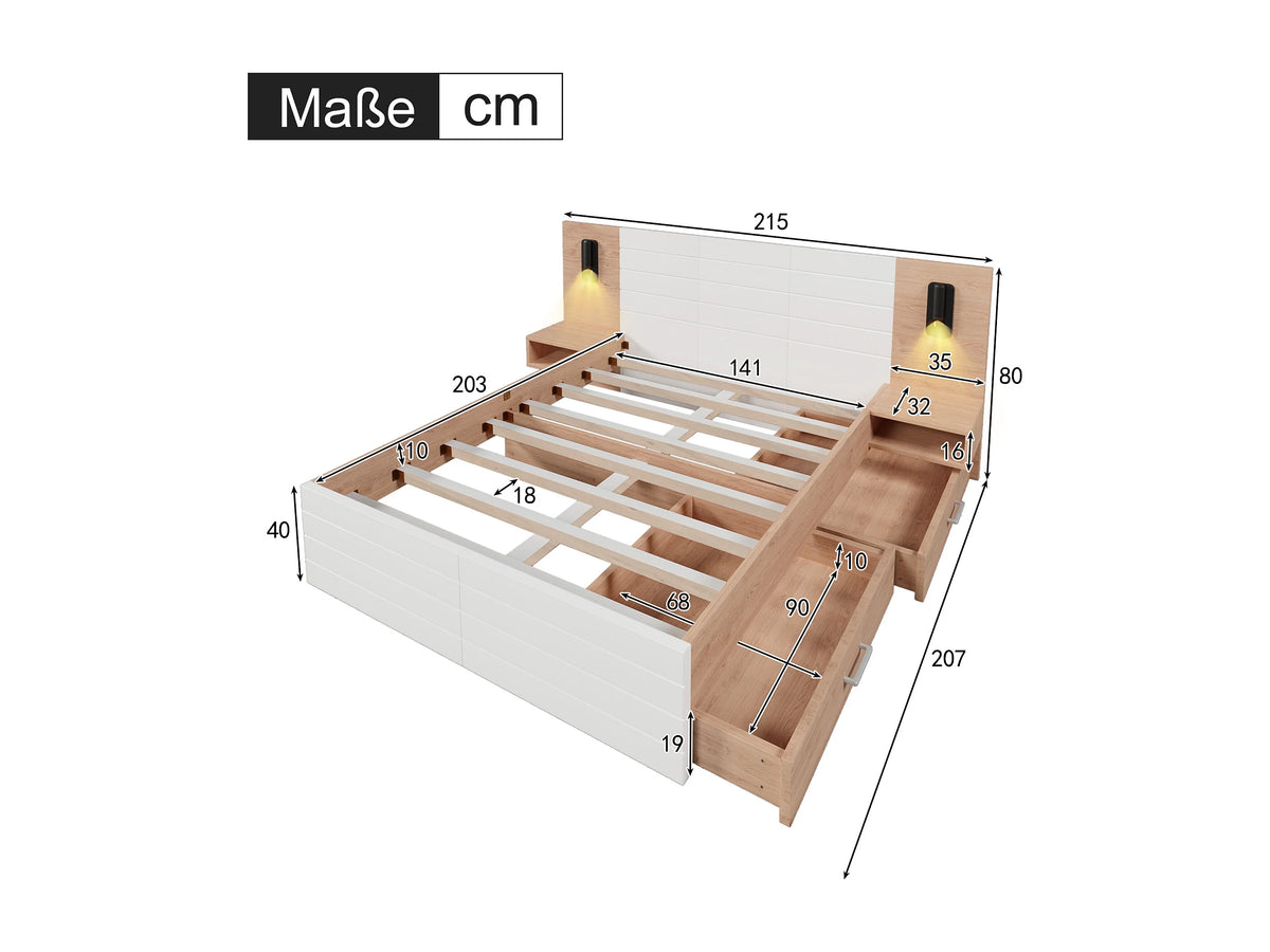 Lit Coffre 140x200 Bois Blanc avec Chevets, Matelas, LED, Tiroirs et Port USB — vue 6