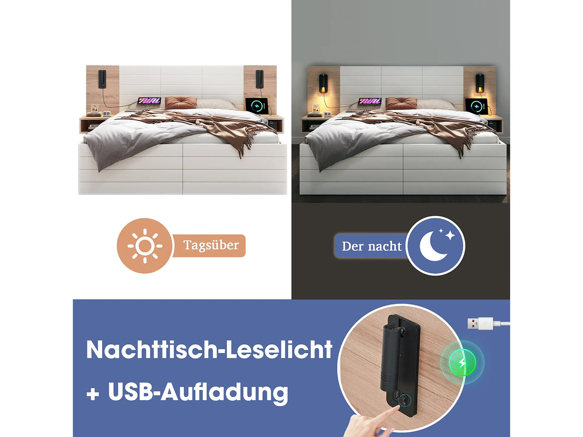Lit Coffre 140x200 Bois Blanc avec Chevets, Matelas, LED, Tiroirs et Port USB — vue 7