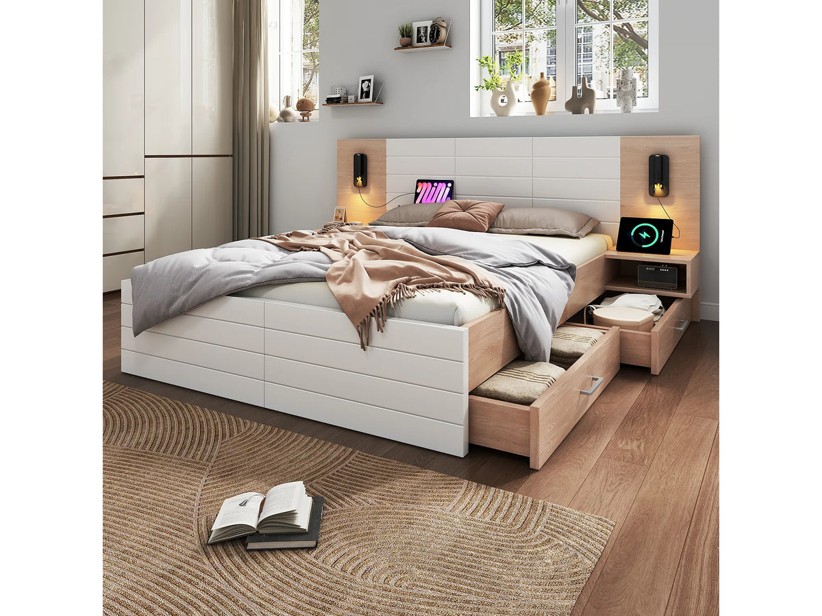 Lit Coffre 140x200 Bois Blanc avec Chevets, Matelas, LED, Tiroirs et Port USB — vue 2
