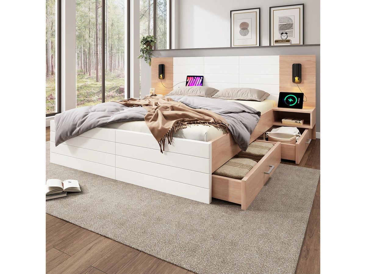 Lit Coffre 140x200 Bois Blanc avec Chevets, Matelas, LED, Tiroirs et Port USB — vue 4