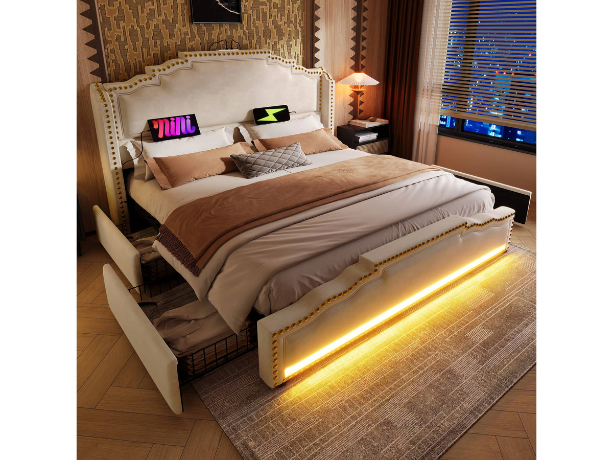 Lit Coffre 160x200 Velours Beige avec LED, Tiroirs et Port USB