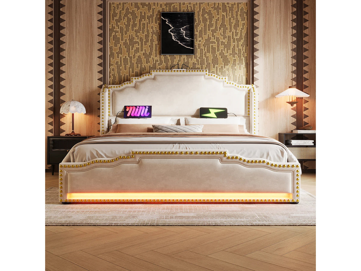 Lit Coffre 160x200 Velours Beige avec LED, Tiroirs et Port USB — vue 2