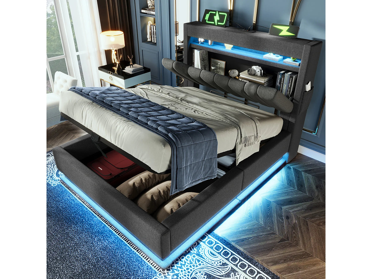 Lit Coffre 90x200 Tissu Lin Gris Capitonné avec LED et Port USB