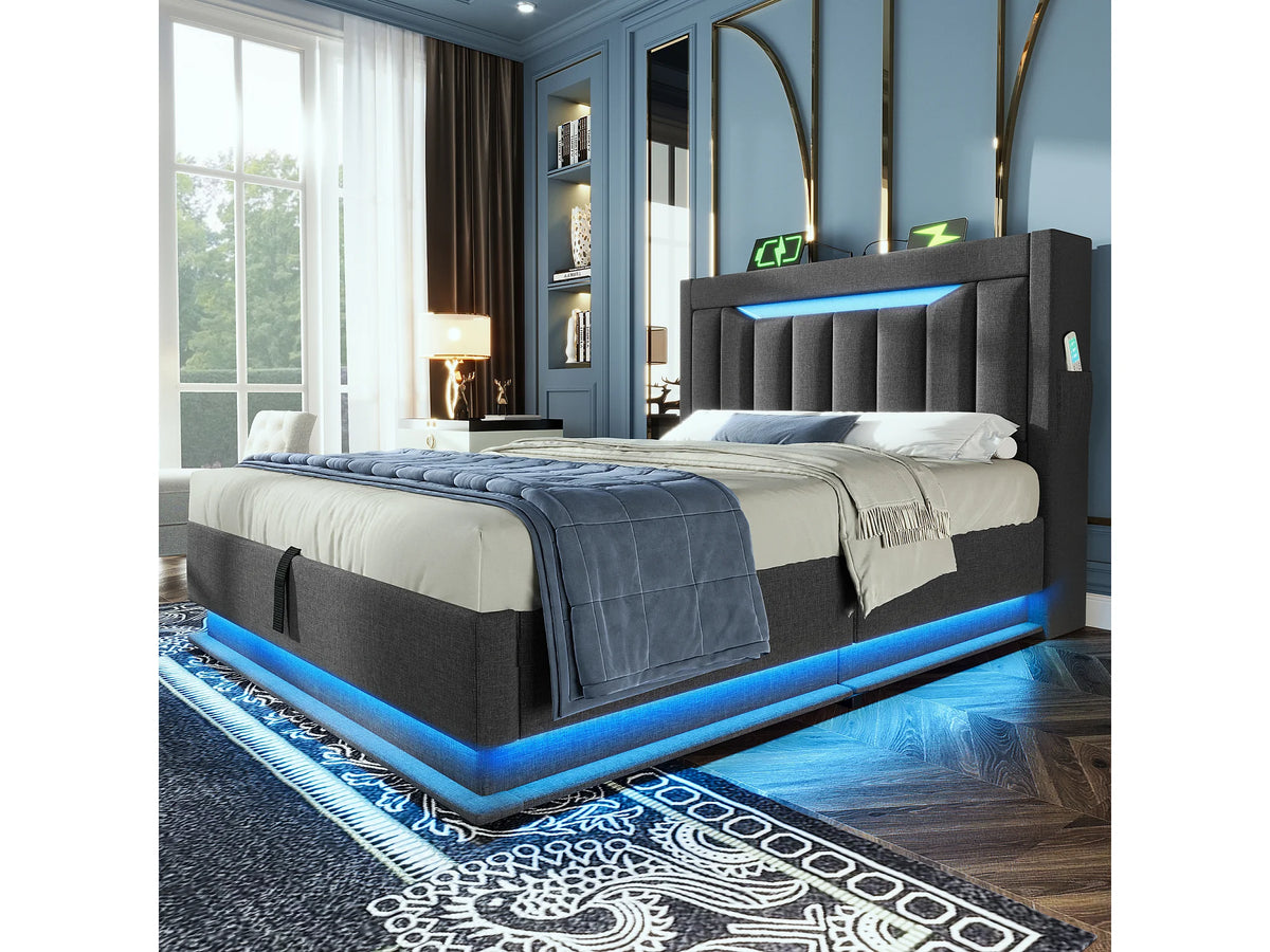Lit Coffre 90x200 Tissu Lin Gris Capitonné avec LED et Port USB — vue 2