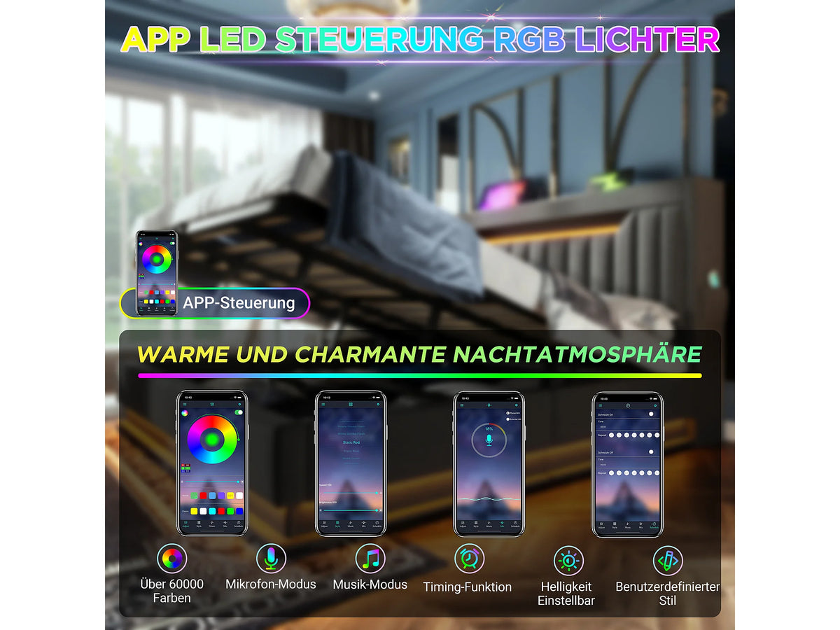 Lit Coffre 90x200 Tissu Lin Gris Capitonné avec LED et Port USB — vue 8