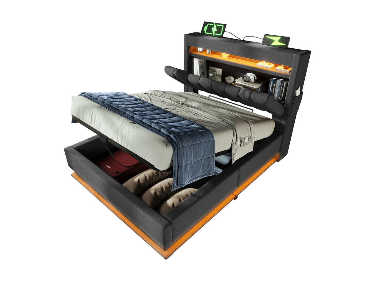 Lit Coffre 90x200 Tissu Lin Gris Capitonné avec LED et Port USB — vue 3