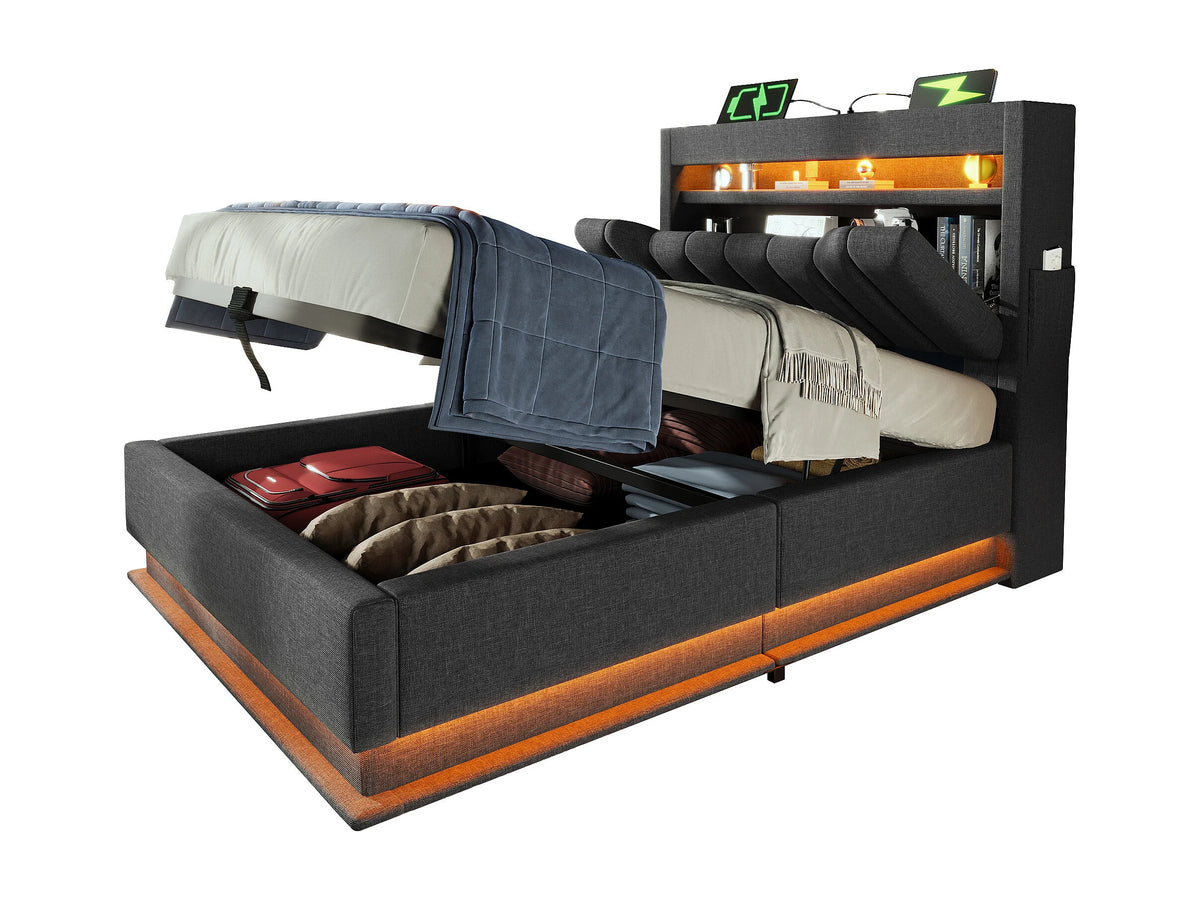 Lit Coffre 90x200 Tissu Lin Gris Capitonné avec LED et Port USB — vue 4