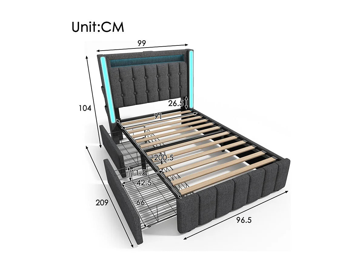Lit Coffre 90x200 Tissu Lin Gris Capitonné avec Chevets, Matelas, LED, Tiroirs et Port USB — vue 6