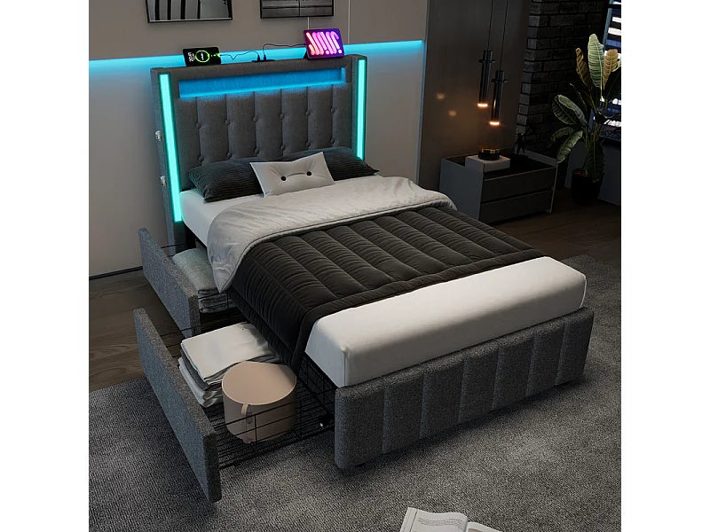 Lit Coffre 90x200 Tissu Lin Gris Capitonné avec Chevets, Matelas, LED, Tiroirs et Port USB